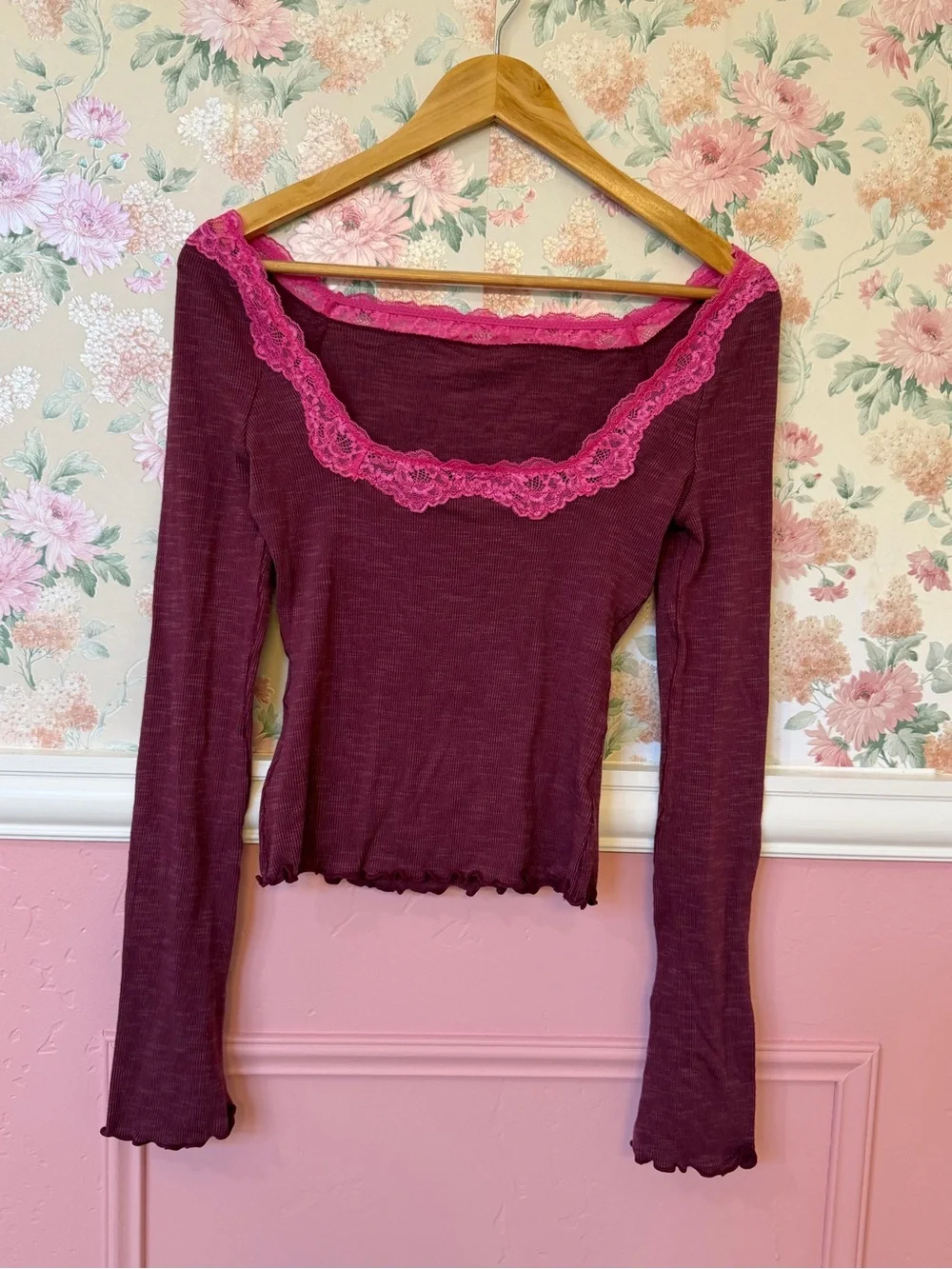Free People Ribbed Long Sleeve Top with Hot Pink Lace Trim